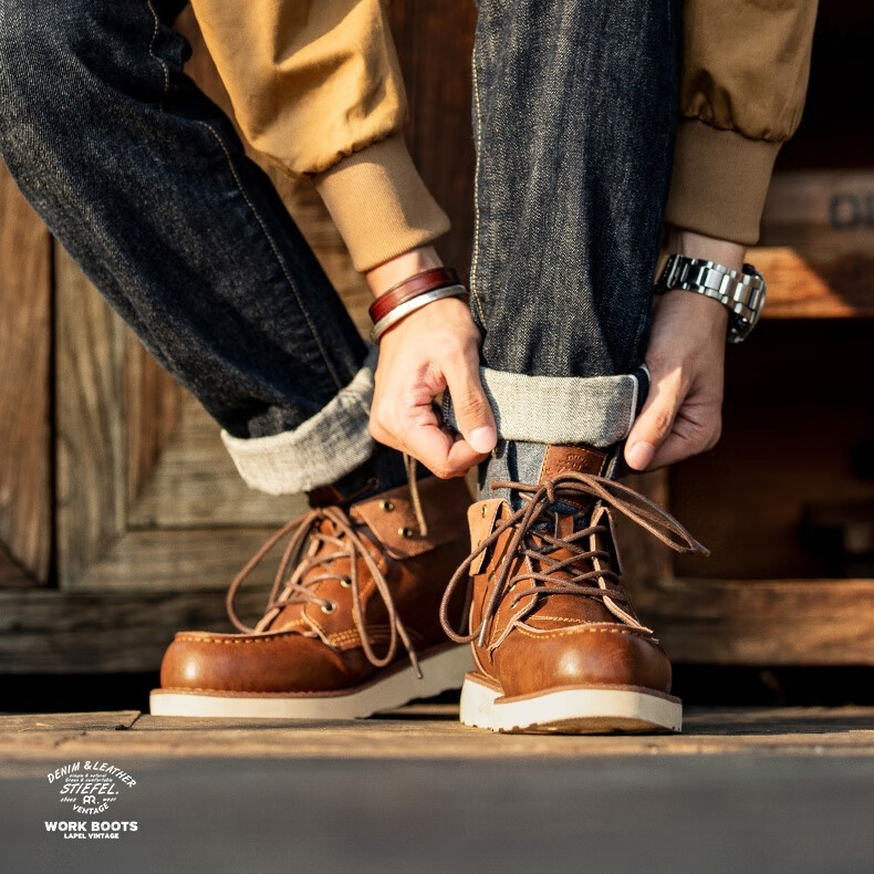 翻領復古工裝靴男靴冬季英倫風牛仔高幫皮靴子百搭短靴馬丁靴-Retro's Wear