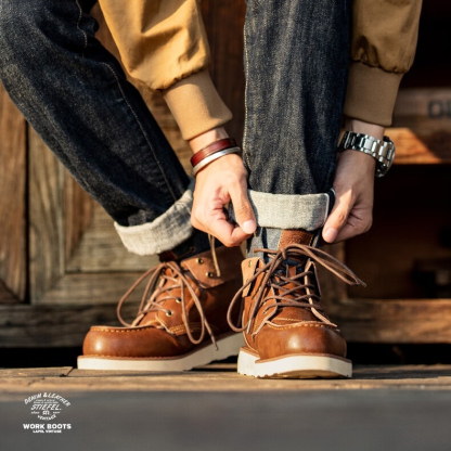 翻領復古工裝靴男靴冬季英倫風牛仔高幫皮靴子百搭短靴馬丁靴-Retro's Wear