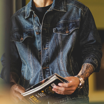 美式復古水洗藍色牛仔外套男2025秋季新款阿美哢嘰寬鬆工裝夾克