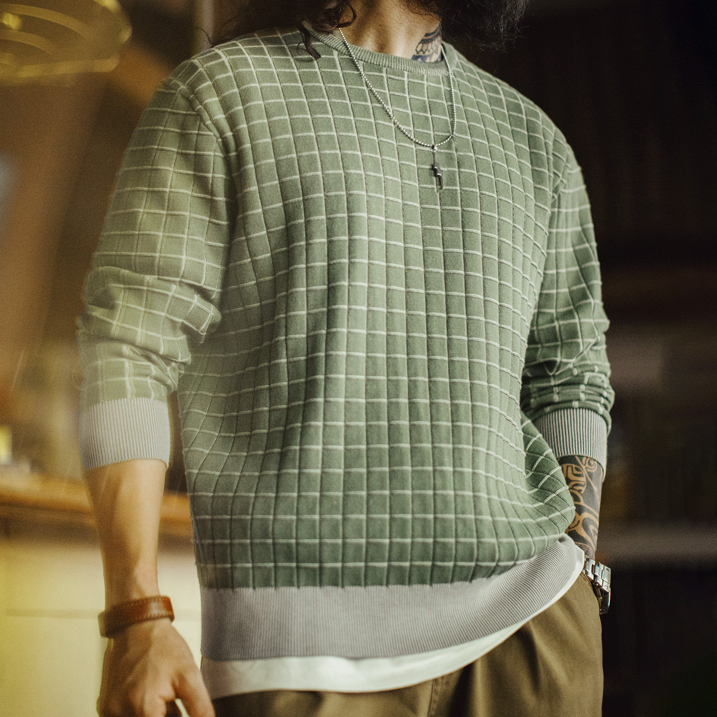 美式復古格子圓領衛衣格紋綠色長袖T恤套頭短款外套男春