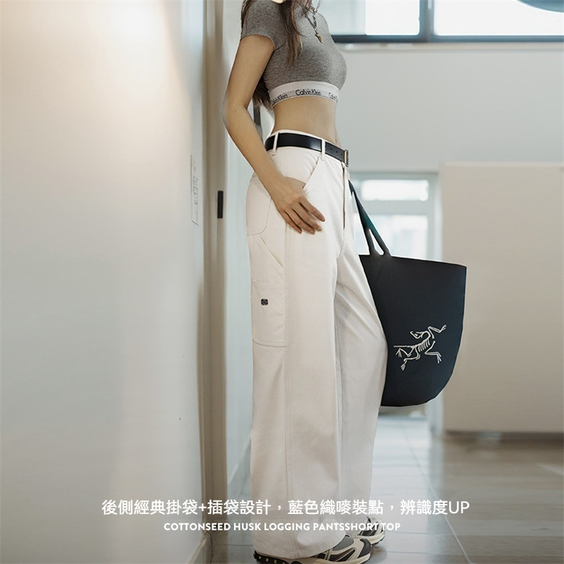 棉籽殼白色伐木工直筒褲純棉百搭休閒褲美式復古工裝褲夏季女-Retro's Wear