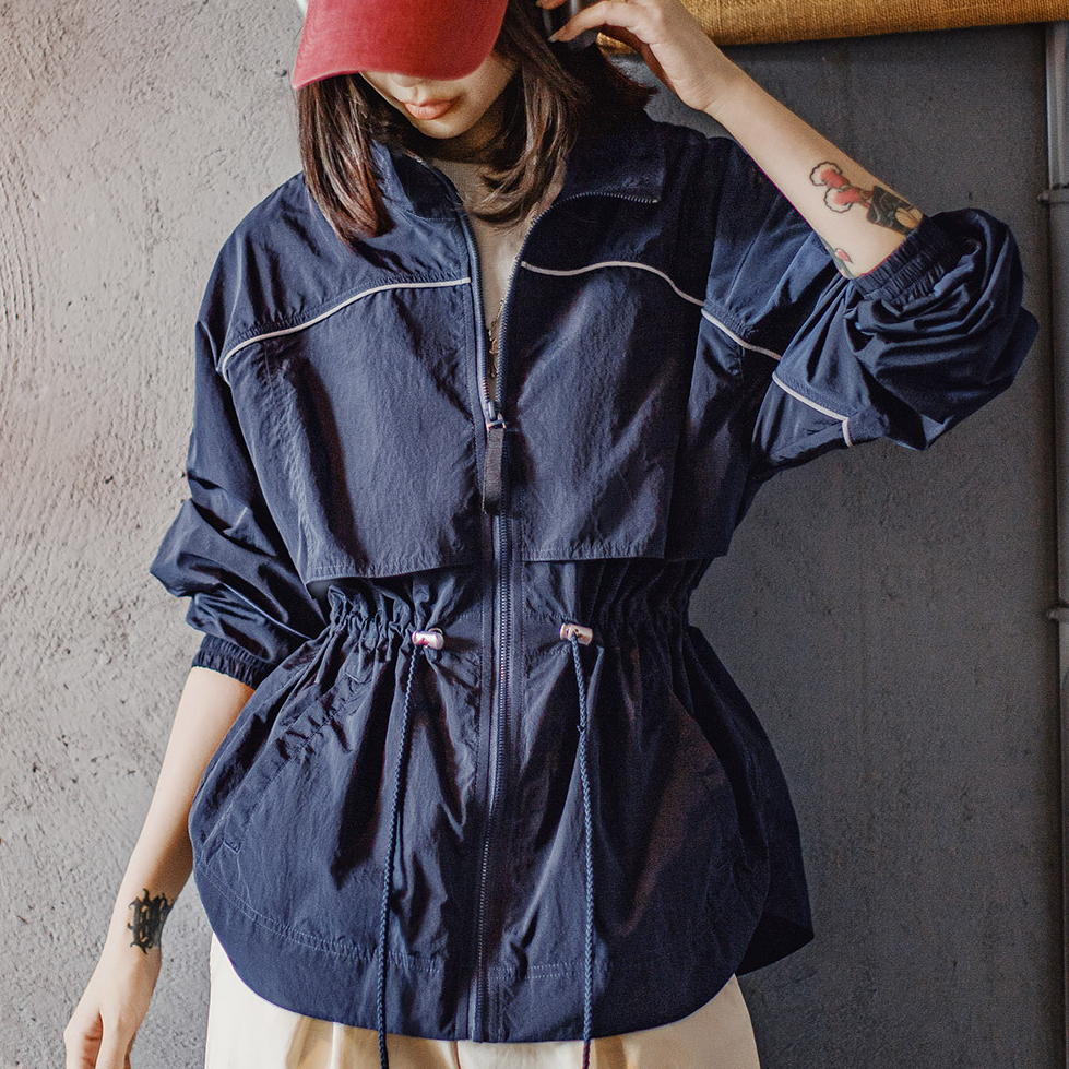 美式立翻領寬鬆輕薄短款收腰派克工裝風衣夾克外套女上衣士夏