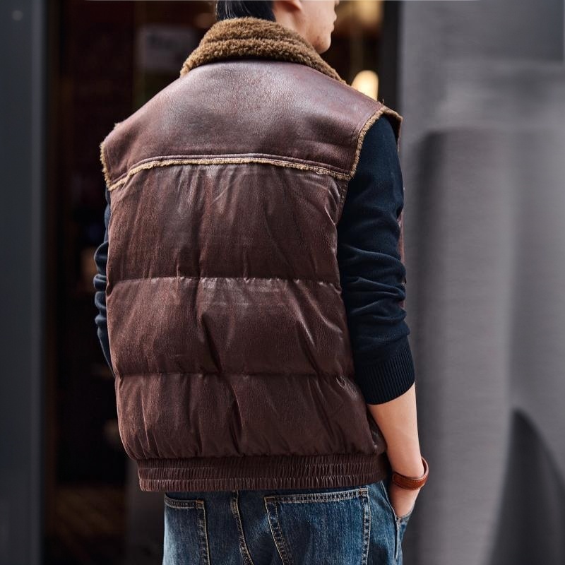 裂紋皮加厚羊羔絨棉衣馬甲男外套秋冬保暖棉服背心