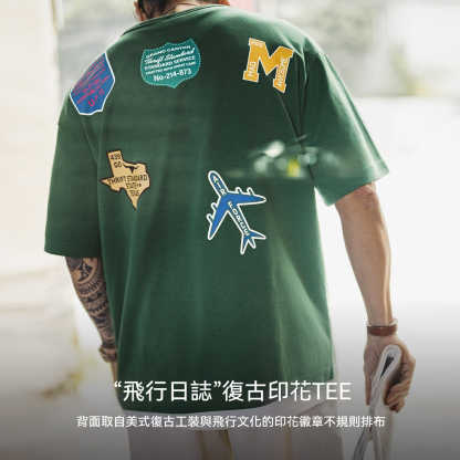 美式章仔印花T恤綠色小眾圓領正肩設計感短袖上衣男款夏