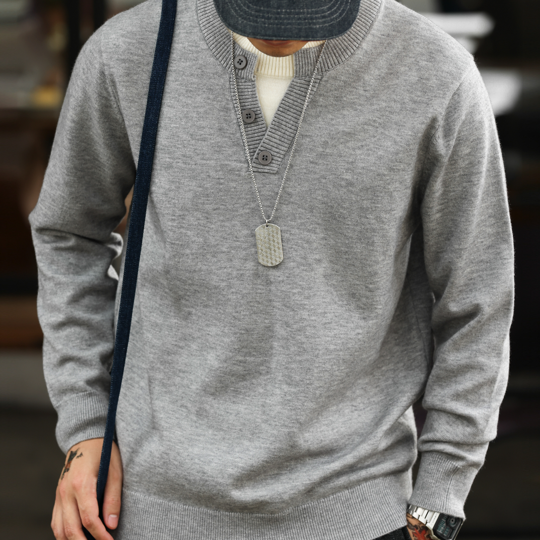 美式休閒假兩件拼接V領針織衫男羊毛絨老錢風抗起球毛衣