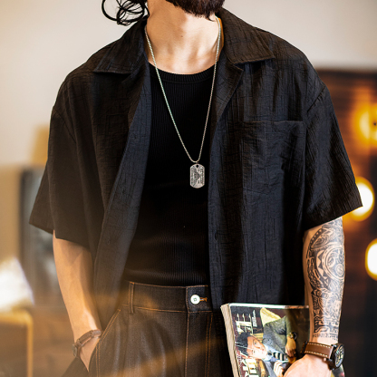 美式古巴領提花短袖襯衫男款夏季2025新款復古萊賽爾天絲t恤男夏