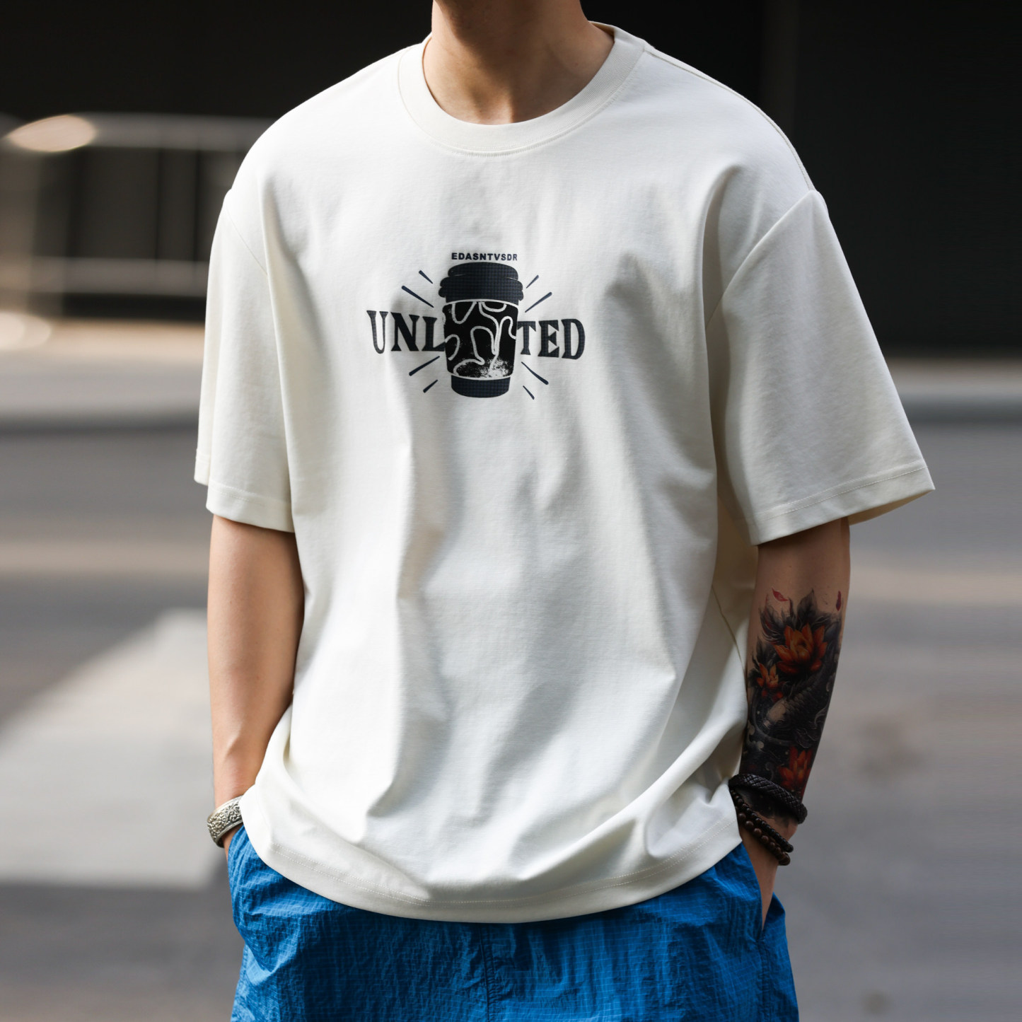 美式休閒200g輕量感抗皺印花T恤男士夏季親膚速幹打底衫