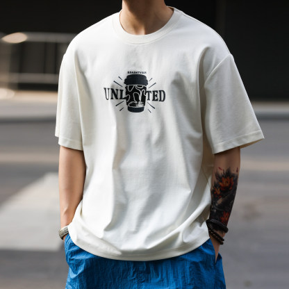 美式休閒200g輕量感抗皺印花T恤男士夏季親膚速幹打底衫