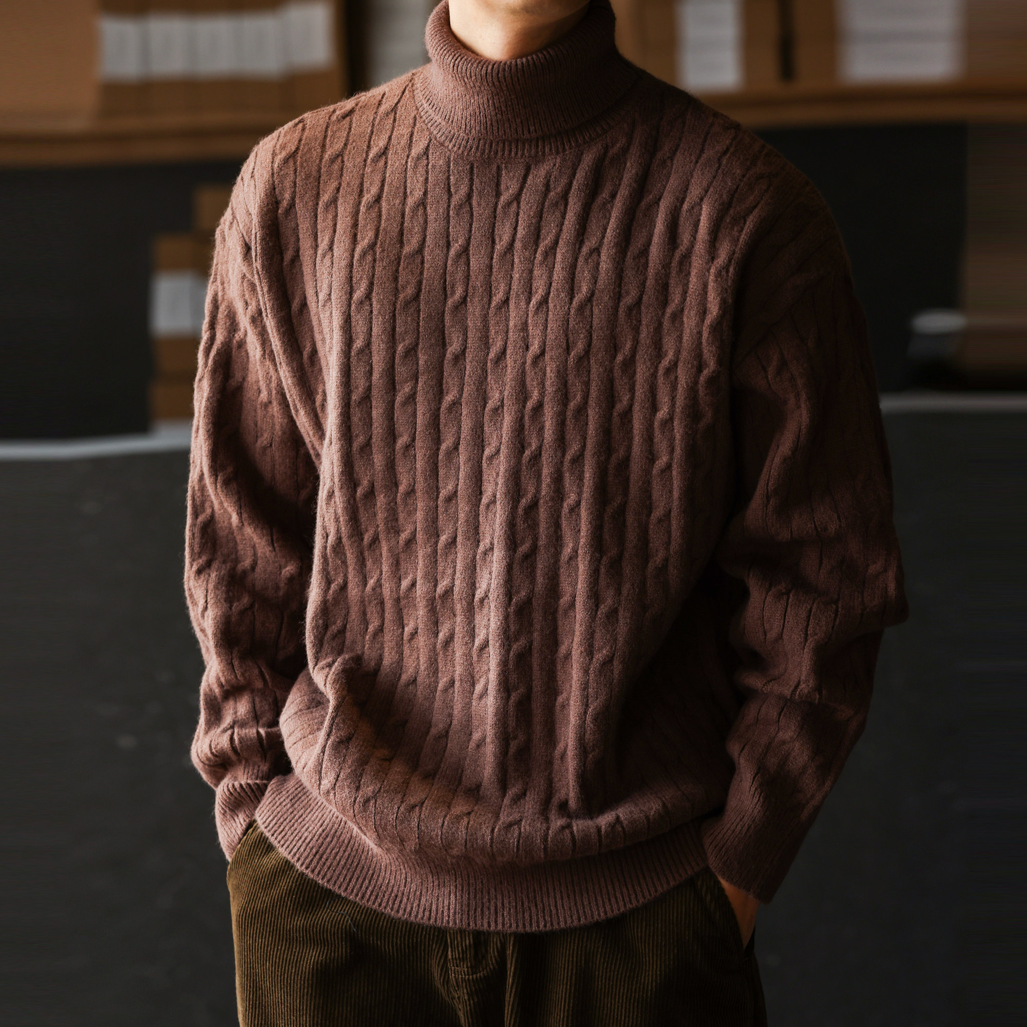 老錢風浮雕絞花高領毛衣粗針防風加厚保暖慵懶風針織衫