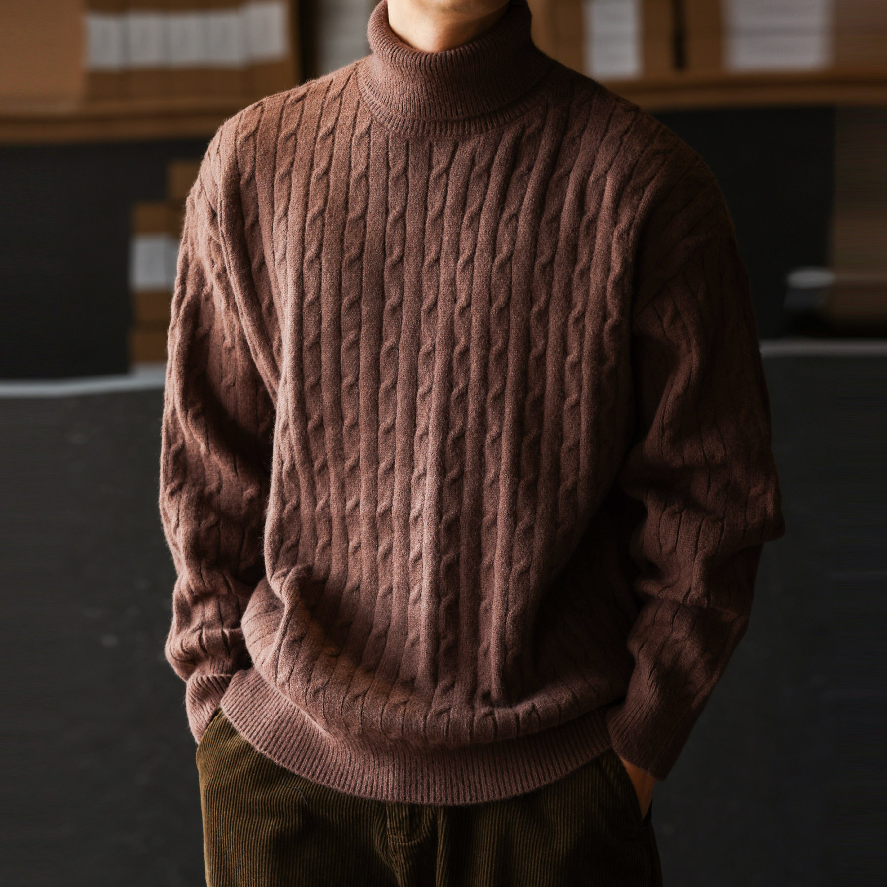 老錢風浮雕絞花高領毛衣粗針防風加厚保暖慵懶風針織衫