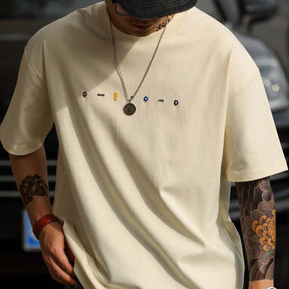 美式休閒刺繡短袖T恤男寬鬆簡約圓領親膚落肩袖打底TEE