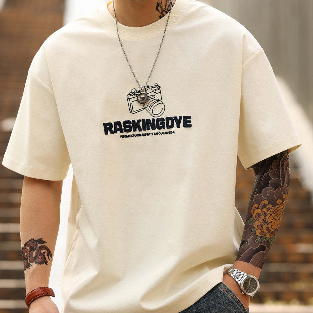 美式休閒210g發泡織圈短袖T恤男寬鬆杏色雙面棉印花TEE