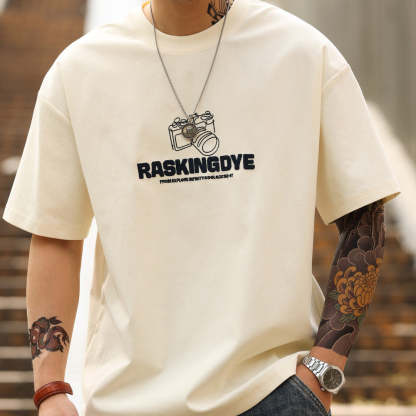 美式休閒210g發泡織圈短袖T恤男寬鬆杏色雙面棉印花TEE