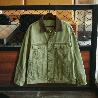 底特律復古軍綠色水洗牛仔外套男2025秋季新款撞色翻領工裝夾克