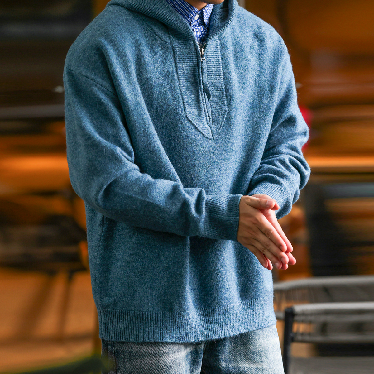 美式半拉鍊連帽毛衣外套男慵懶風750g重磅保暖針織帽衫