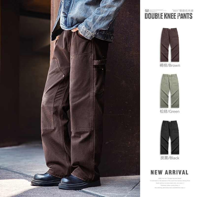 MRA美式休閒B01雙膝伐木褲直筒帆布法工褲軍綠色長褲男早秋
