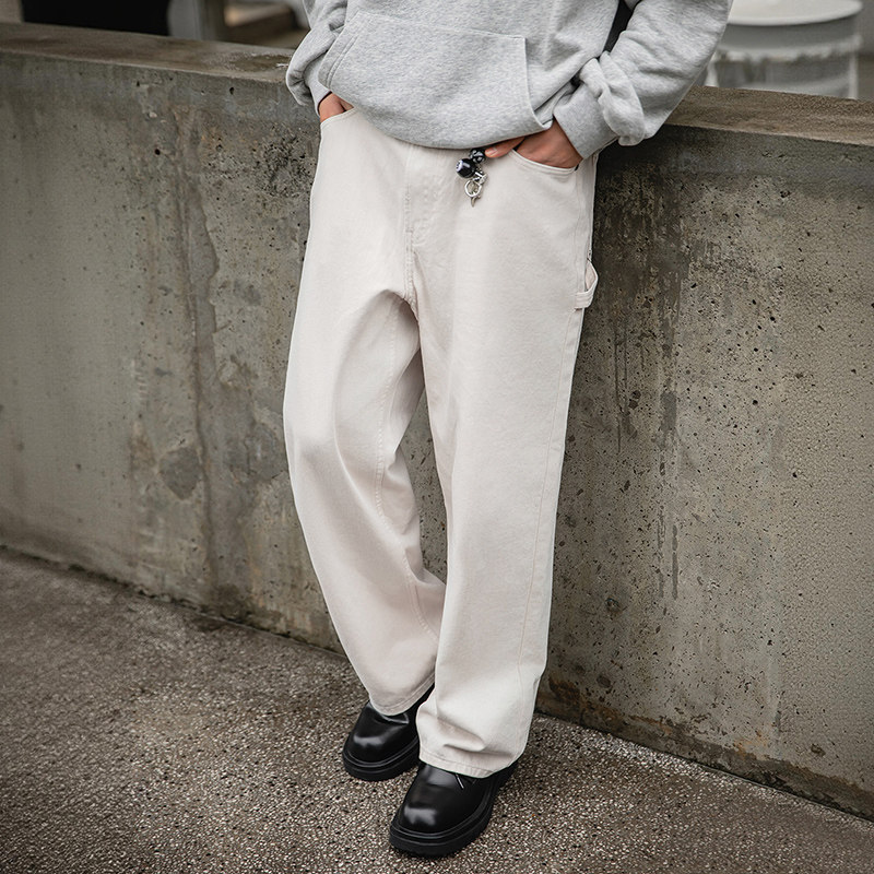 MRA 白色B01伐木工裝水洗牛仔褲純棉直筒多口袋休閒長褲男春秋