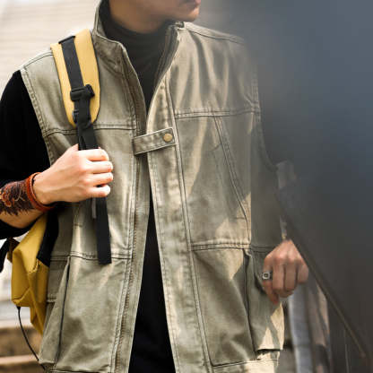 美式復古戰術大口袋馬甲男戶外寬鬆露營無坎肩運動釣魚服秋-Retro's Wear