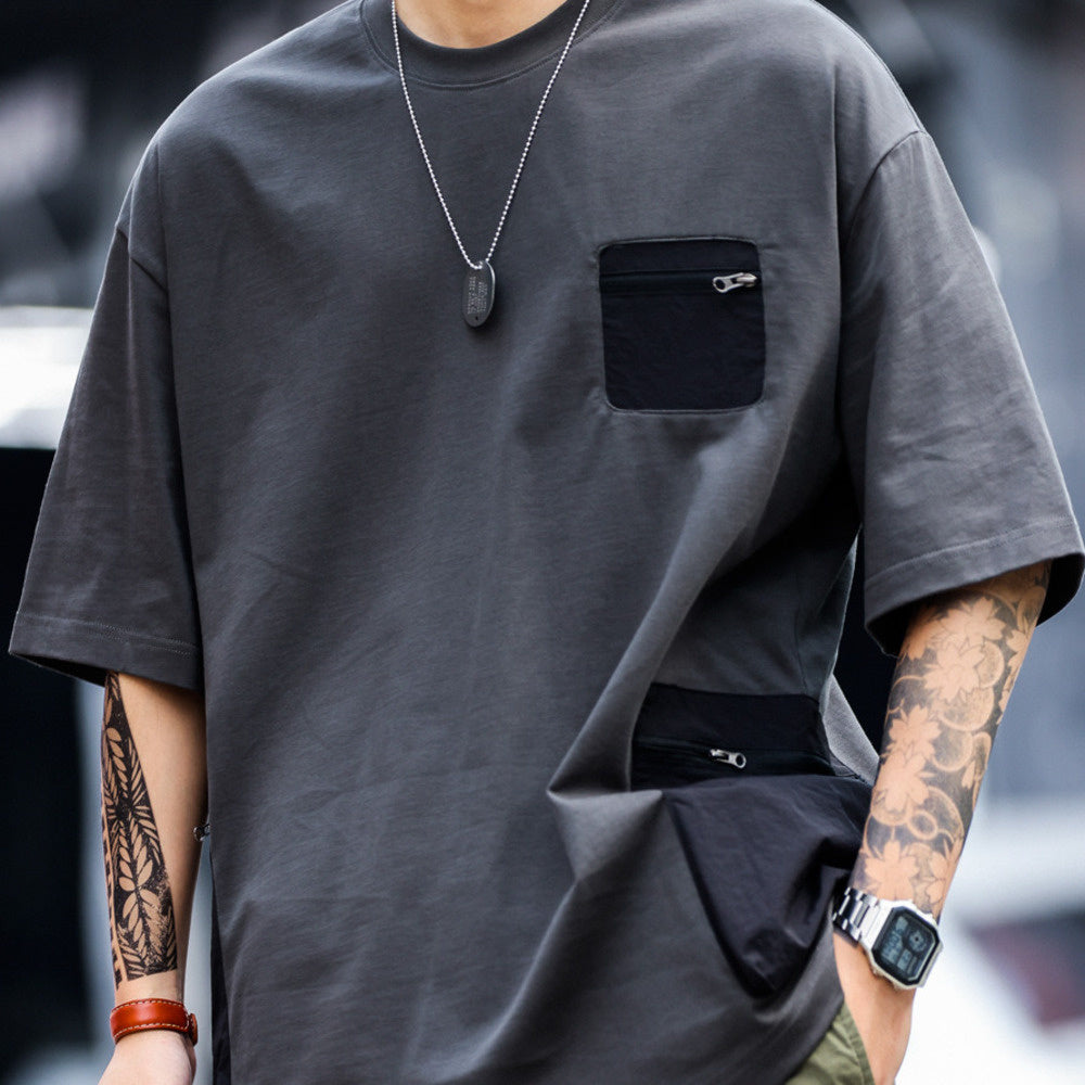 美式復古戶外拉鍊口袋設計短袖T恤男寬鬆撞色拼接機能風TEE-Retro's Wear