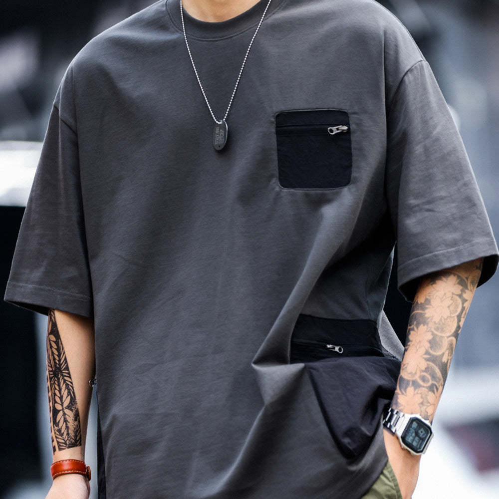 美式復古戶外拉鍊口袋設計短袖T恤男寬鬆撞色拼接機能風TEE-Retro's Wear