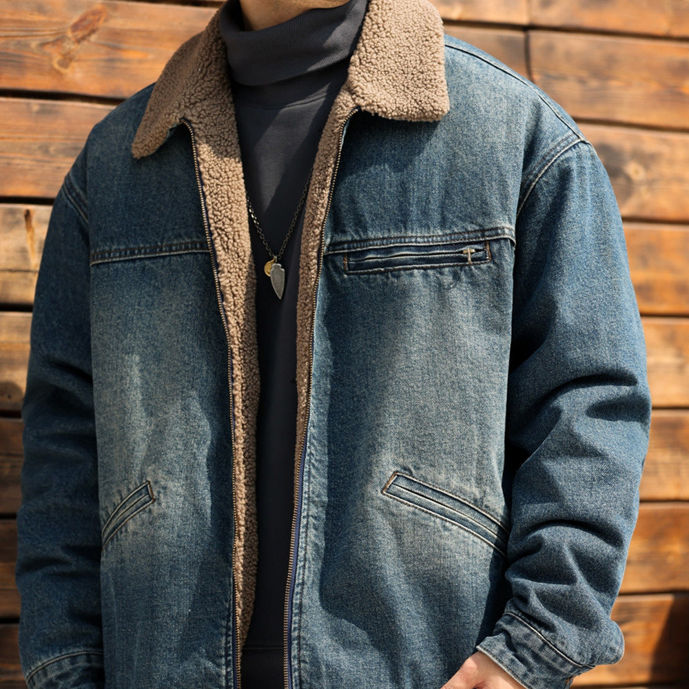 日系復古翻領羊羔絨外套男加絨加厚微闊保暖工裝牛仔夾克冬-Retro's Wear