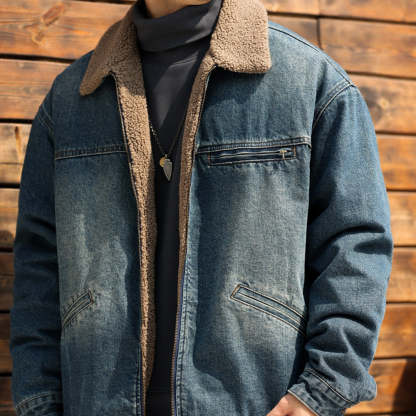 日系復古翻領羊羔絨外套男加絨加厚微闊保暖工裝牛仔夾克冬-Retro's Wear