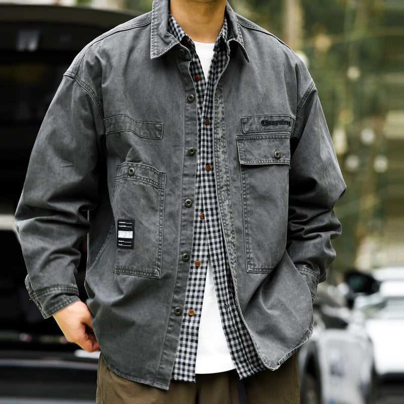 美式復古硬漢帆布工裝襯衫夾克純棉磨毛外穿重磅獵裝外套秋-Retro's Wear