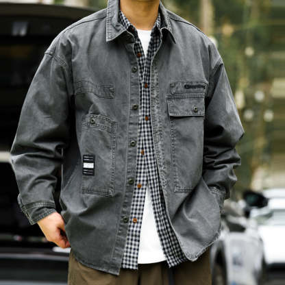 美式復古硬漢帆布工裝襯衫夾克純棉磨毛外穿重磅獵裝外套秋-Retro's Wear