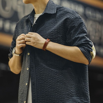 美式復古泡泡紗格子長袖襯衫肌理感翻領拼接襯衣外套男秋-Retro's Wear