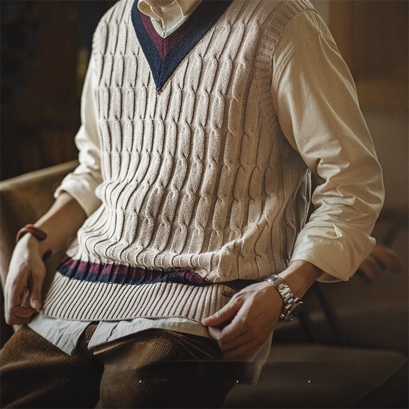 美式復古IVY針織V領毛衣背心學院風撞色絞花無袖馬甲男秋-Retro's Wear