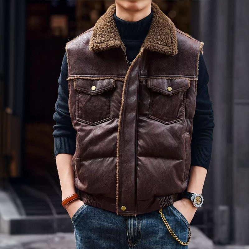 裂紋皮加厚羊羔絨棉衣馬甲男外套秋冬保暖棉服背心