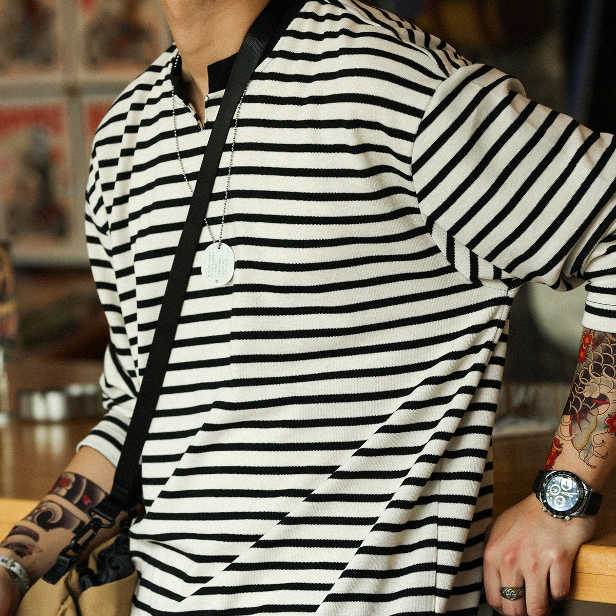 美式復古280g重磅海魂衫男休閒鬆弛感條紋小v領長袖T恤