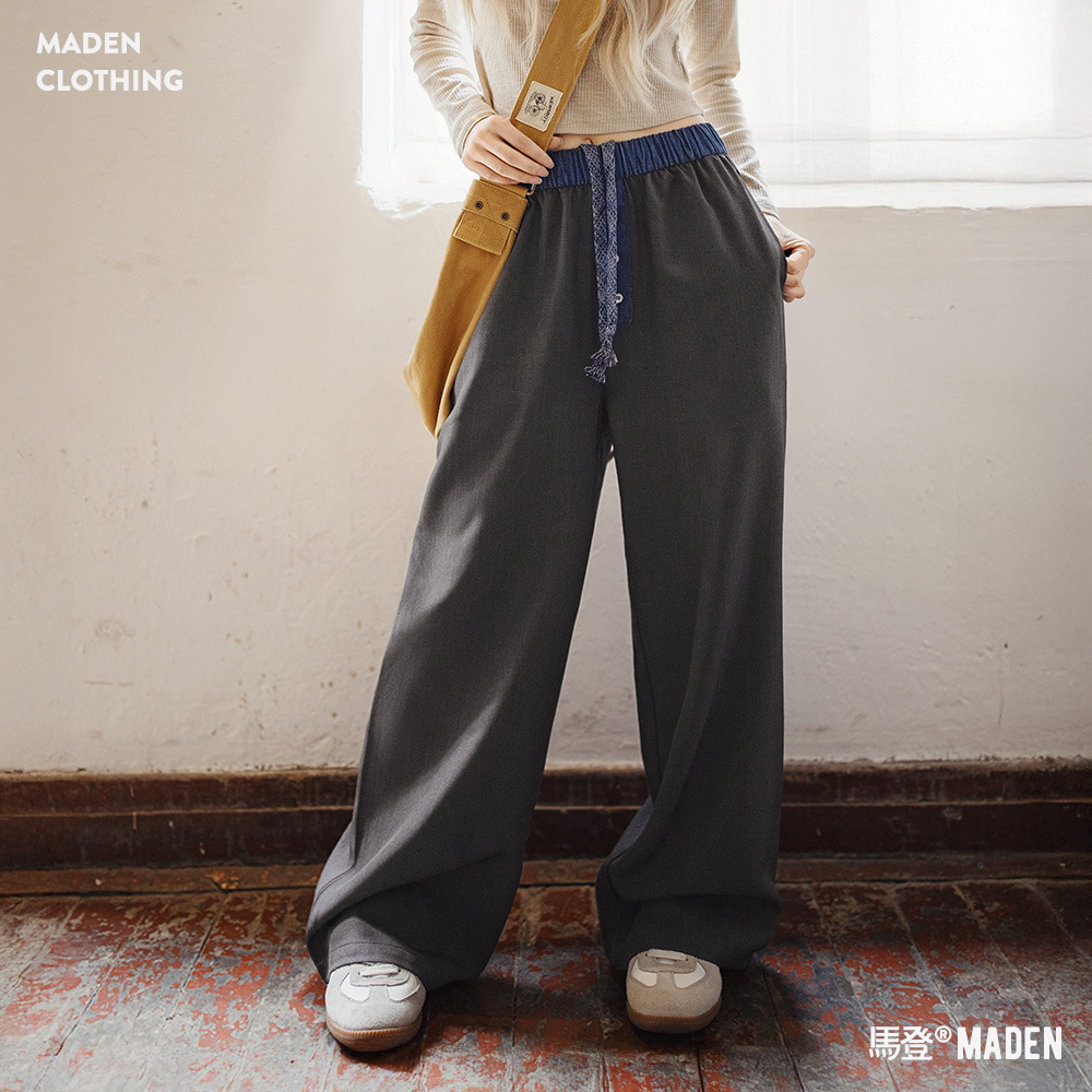 黑色窄版撞色寬鬆緊腰頭拼接直筒褲垂感休閒長褲小個子女士夏