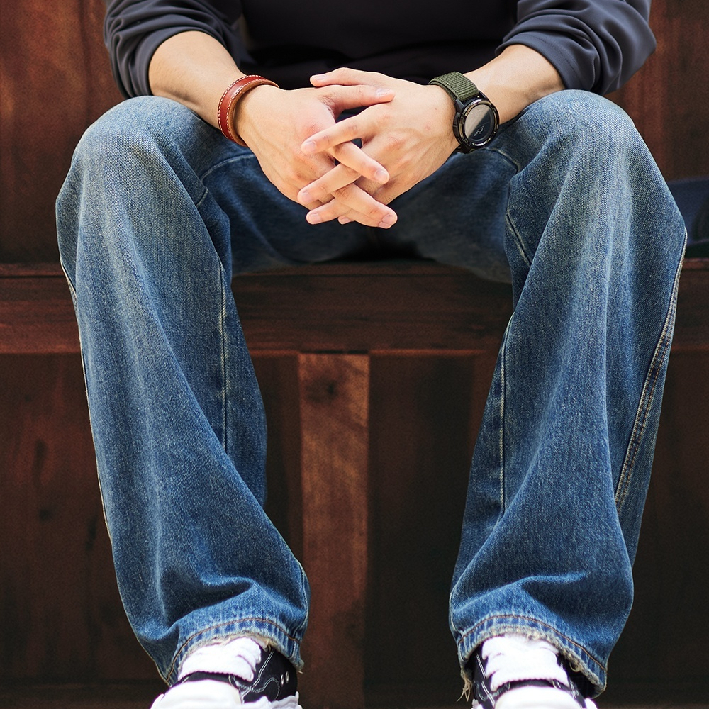 水洗大牛直筒牛仔褲男2025秋季新款美式復古脚口磨爛長褲