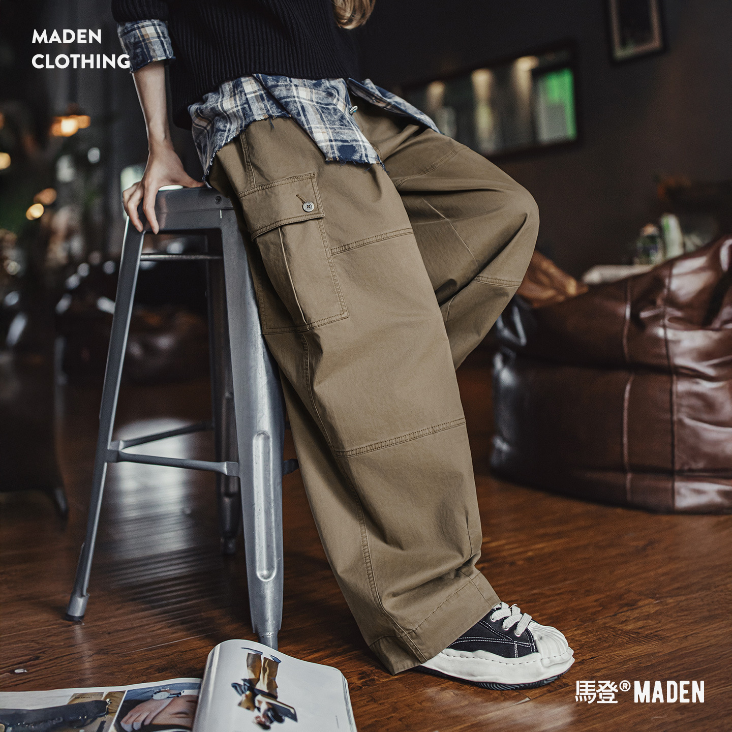 美式復古灰咖啡色多口袋寬鬆闊腿氣球休閒彎刀工裝褲子女士秋