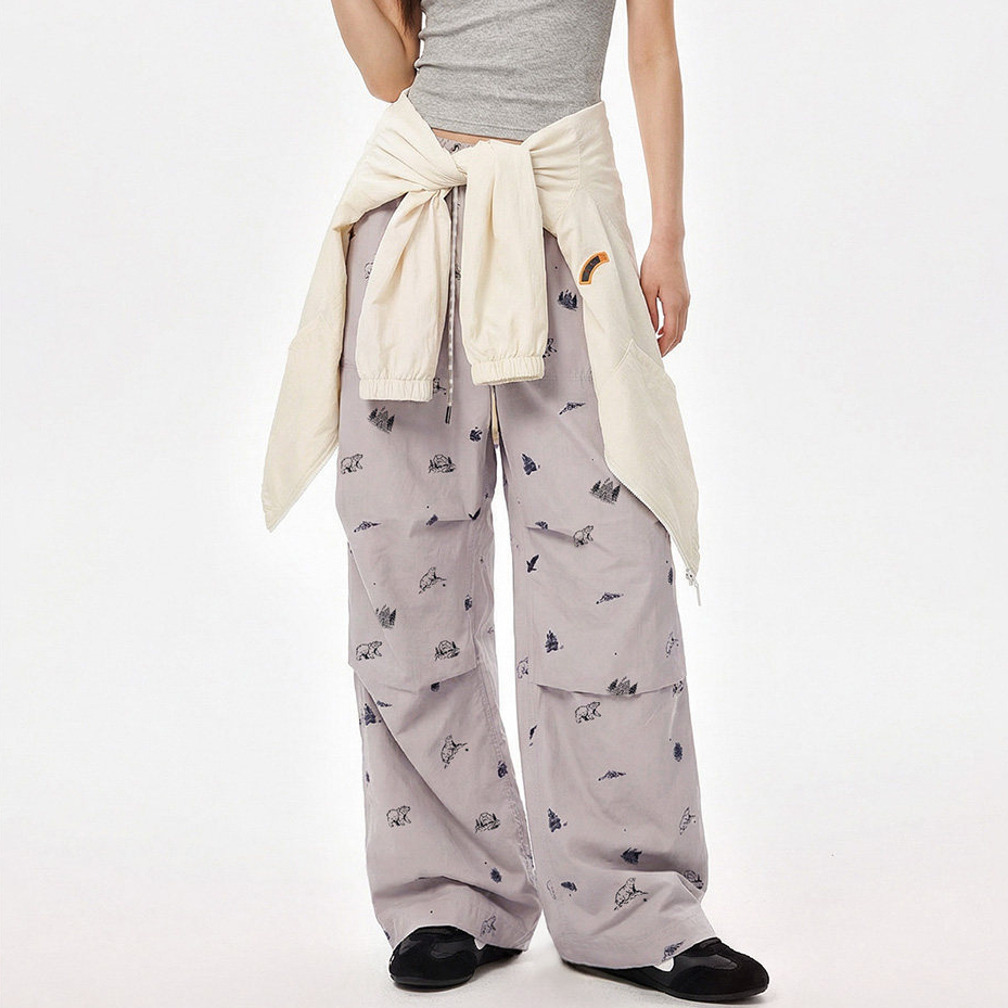 純棉薄款直筒闊腿山系傘兵褲鬆緊腰印花休閒工裝長褲子女士春