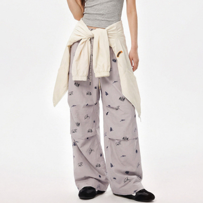 純棉薄款直筒闊腿山系傘兵褲鬆緊腰印花休閒工裝長褲子女士春