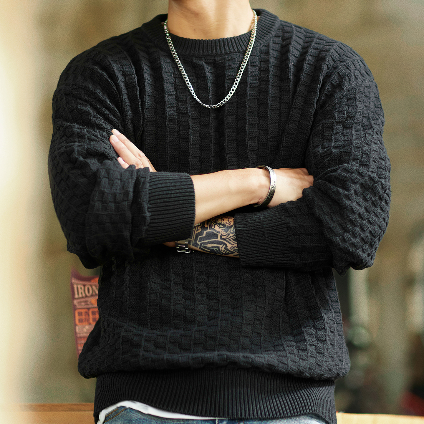 美式復古格子肌理感毛衣男2025冬季新款圓領內搭保暖秋冬針織衫