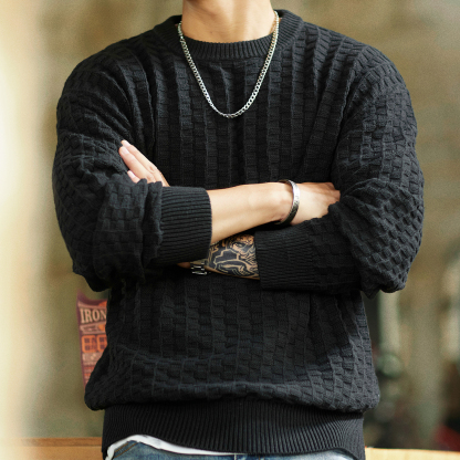 美式復古格子肌理感毛衣男2025冬季新款圓領內搭保暖秋冬針織衫