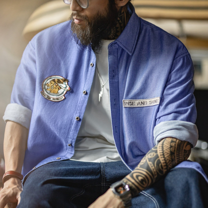 美式休閒牛津紡長袖襯衫藍色襯衣外套純棉牛津布薄款男秋