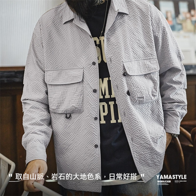 山系戶外古巴領泡泡紗長袖襯衫免燙抗皺口袋薄襯衣男夏秋-Retro's Wear
