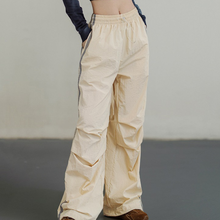 美式條紋傘兵褲防潑水戶外運動直筒褲闊腿工裝褲街舞褲春秋女-Retro's Wear