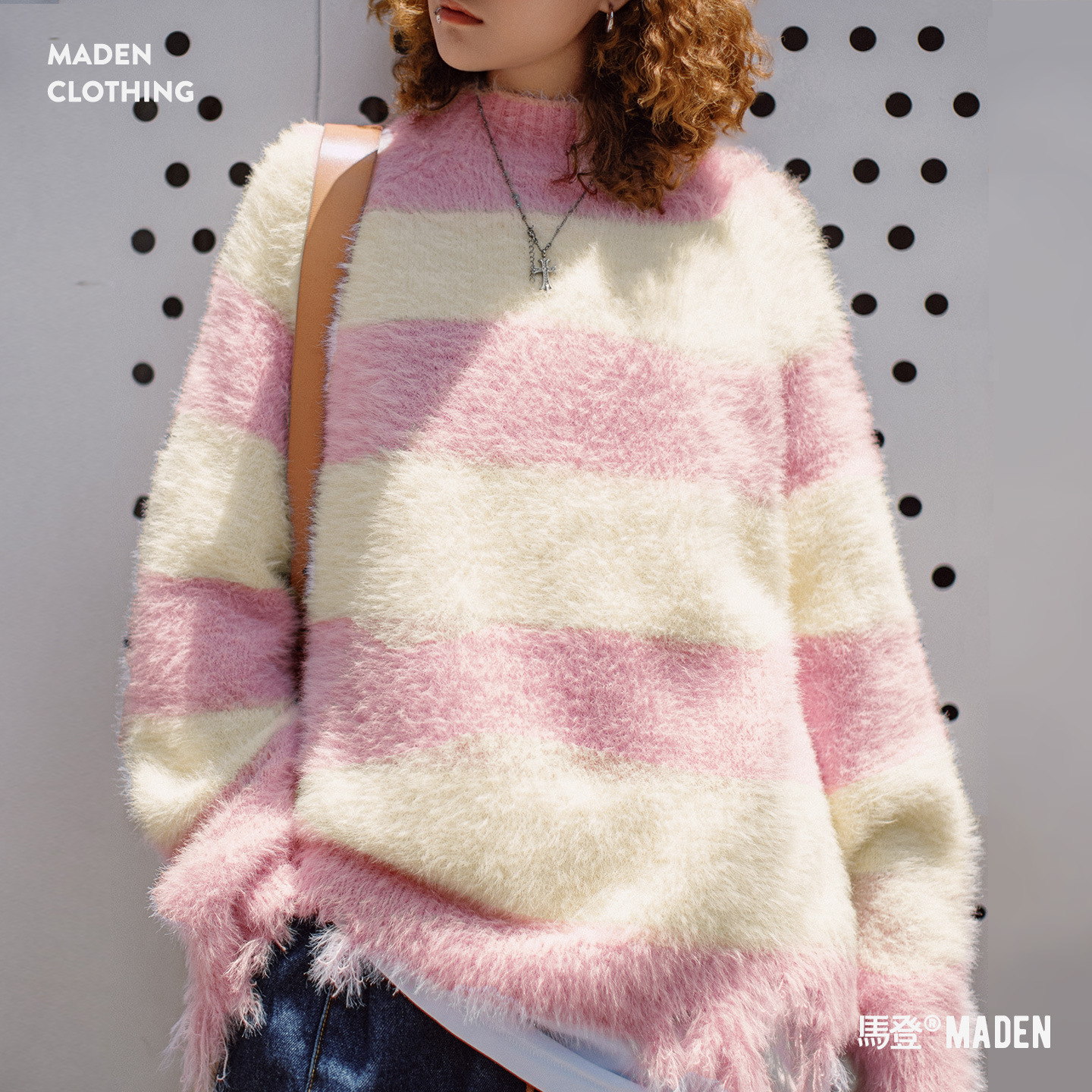 粉白色寬條紋半高領寬鬆破壞奶呼呼軟糯針織套頭毛衣女士秋冬