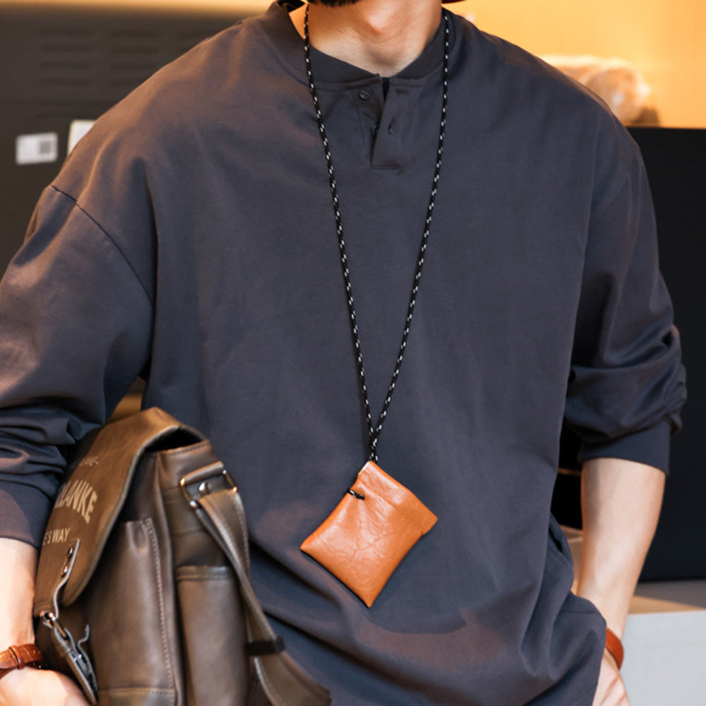 美式復古亨利領長袖T恤寬鬆休閒280g純棉側口袋深灰色打底衫-Retro's Wear