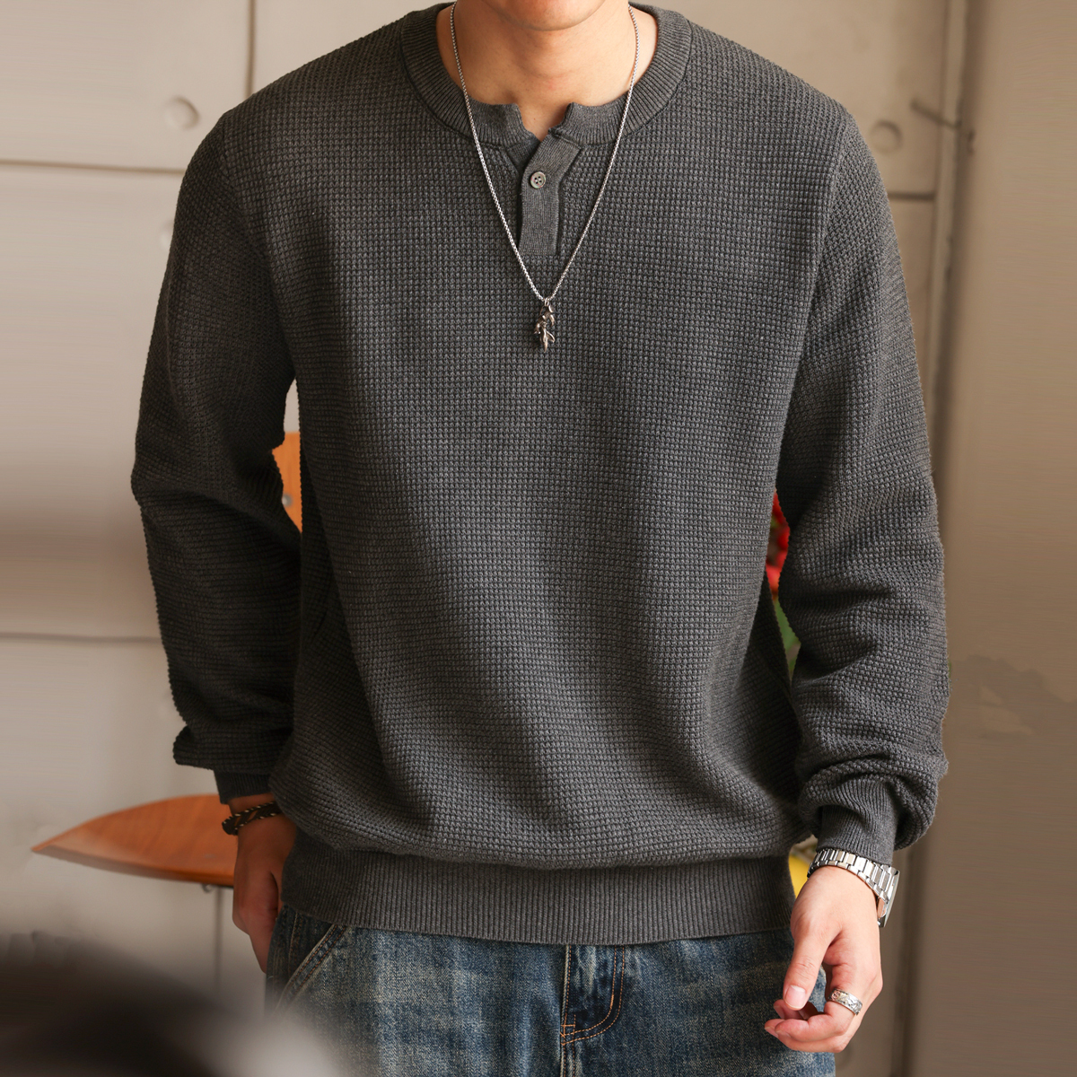 美式新貴亨利領長袖針織衫男細針花紗復古休閒內搭T恤秋