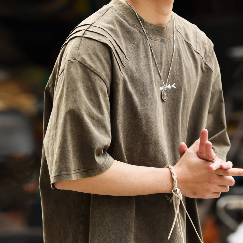 美式復古鯊魚腮設計短袖T恤男225g成服染色做舊硬漢上衣