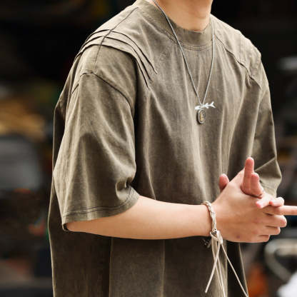 美式復古鯊魚腮設計短袖T恤男225g成服染色做舊硬漢上衣