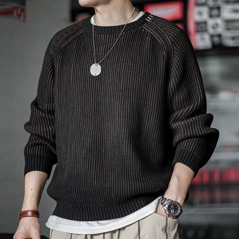 美式復古豎條紋編織毛衣插肩袖圓領加厚打底針織衫男秋冬-Retro's Wear