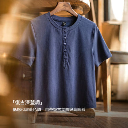 美式全純棉半開襟亨利領短款正肩修身短袖T恤扣子上衣女士夏