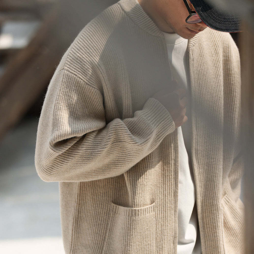 美式休閒680g重磅拉鍊開衫毛衣男7針粗線復古針織外套冬-Retro's Wear